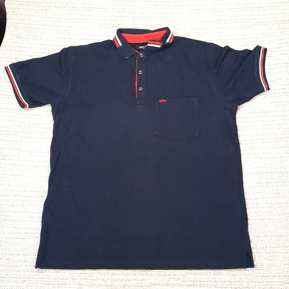 ARRAY JNS CO Mens XL Polo Shirt Navy Blue Red White Striped Pocket Short Sleeve